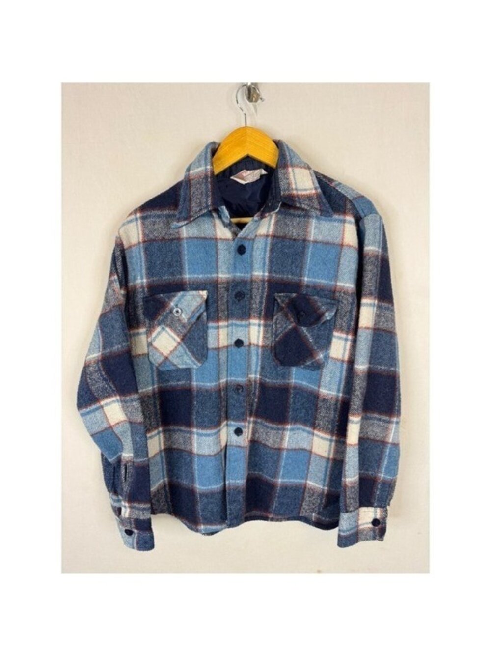 Vintage 70s Van Cort Blue Plaid Wool Linen Blend Flannel Shirt Jacket Mens M